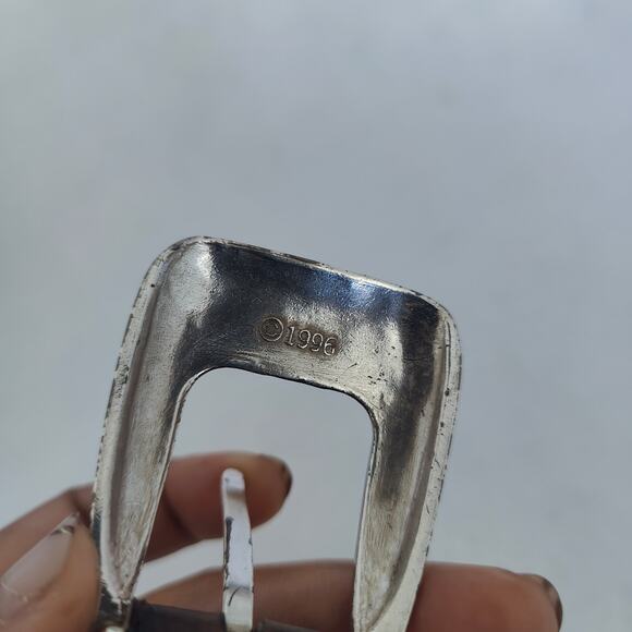 Fossil Women Large Brown Croc Embossed Cowhide Leather Belt 38" Silver buckle 96 - Picture 8 of 8